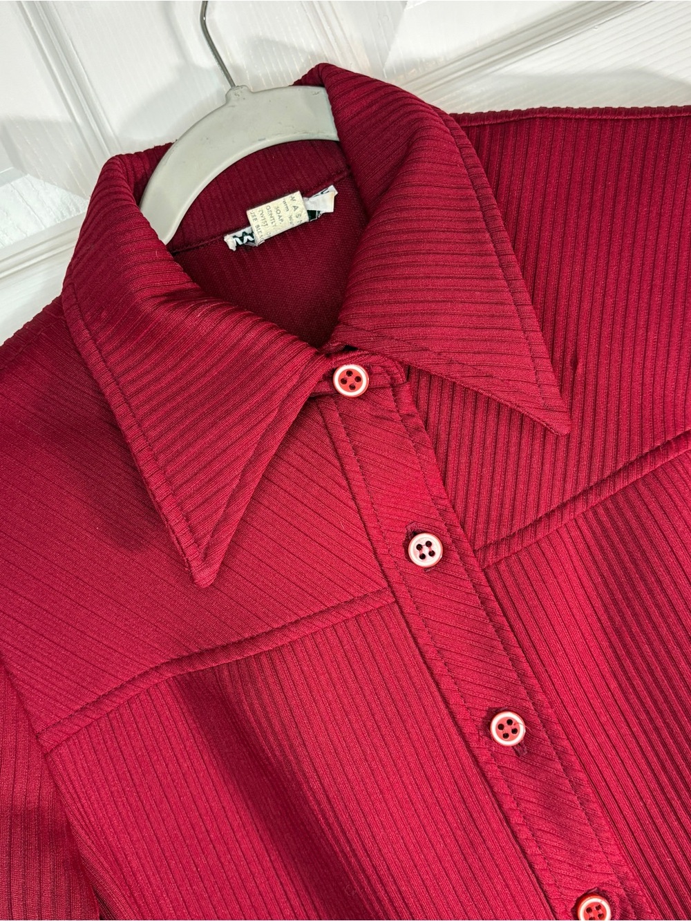 Vintage Wardrobe Maker Red Ribbed Long Sleeve Dagger Collar Button Up Blouse.